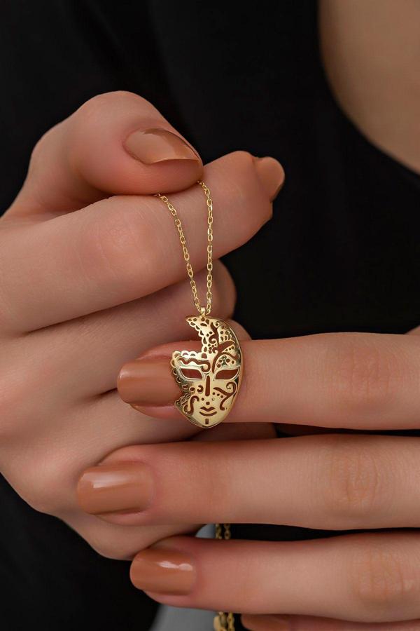 925 Ayar Gümüş Gold Rengi Maske Kolye - Image 1