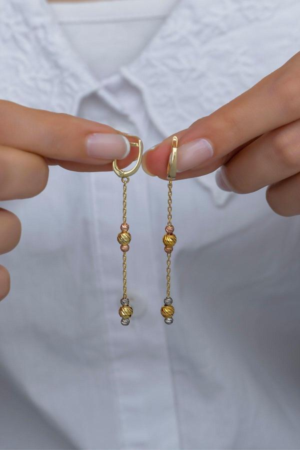 925 Ayar Gümüş Gold Sallantılı Dorika Model Küpe - Image 1