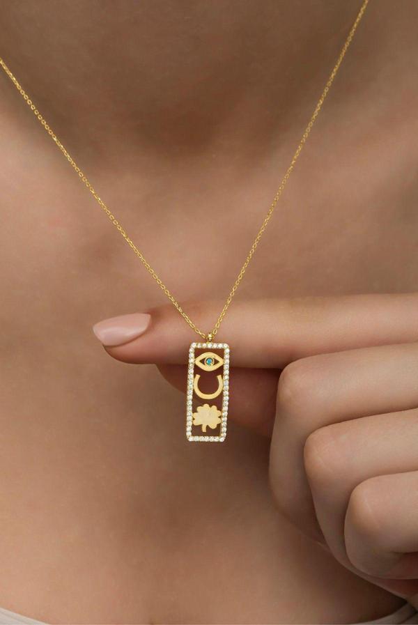 925 Ayar Gümüş Gold Şans Figürlü Şans Kolye - Image 1