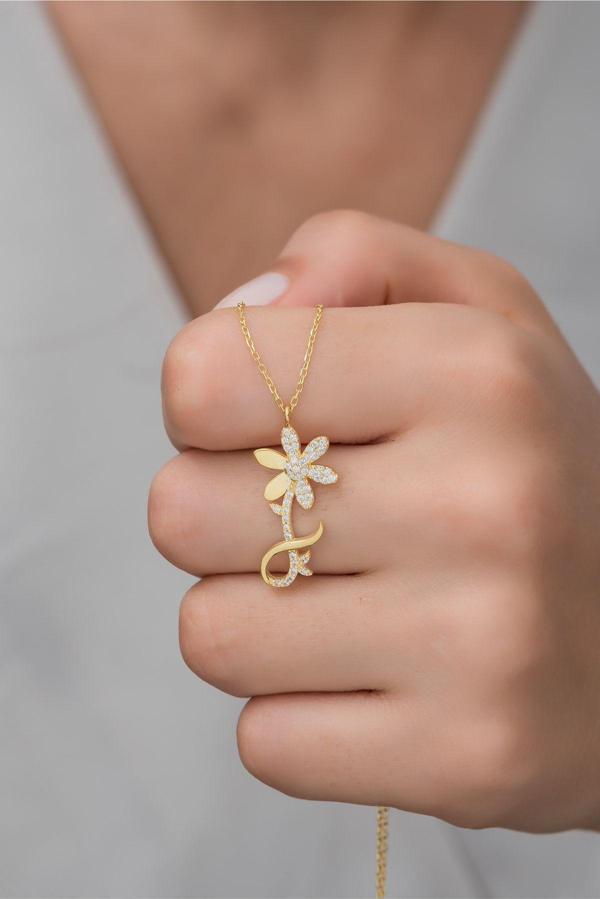 925 Ayar Gümüş Gold Sonsuz Aşk Çiçeği Kolye - Image 1