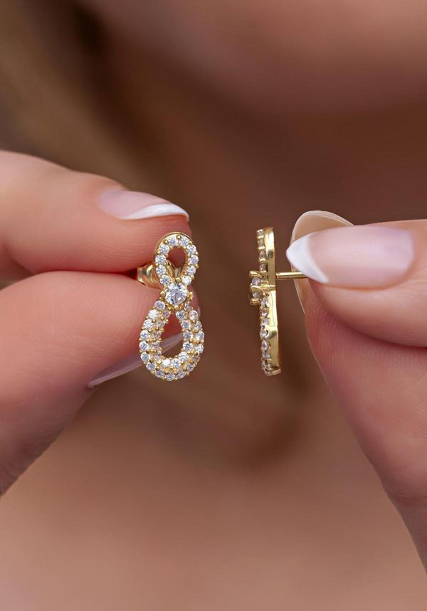 925 Ayar Gümüş Gold Tektaş Tasarım Sonsuzluk Model Küpe - Image 1
