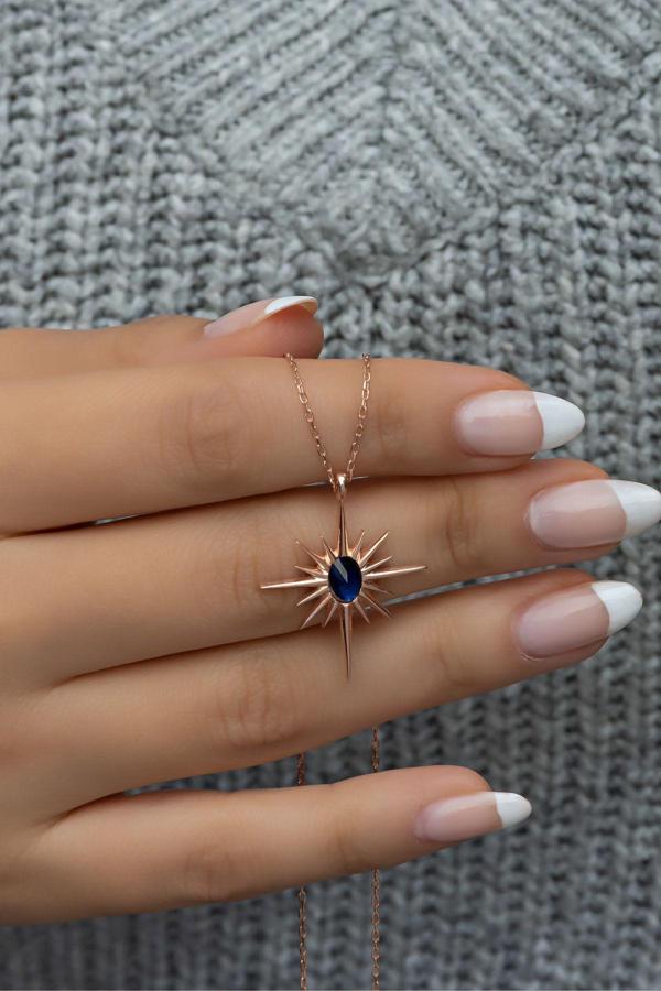 925 Ayar Gümüş Mavi Taşlı Kutup Yıldızı Kolye - Image 1