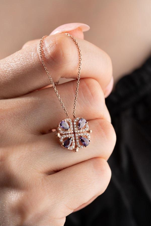 925 Ayar Gümüş Mıknatıslı Ayrılabilir Mor Zirkon Taşlı 4 Kalpli Yonca Kolye - Image 1