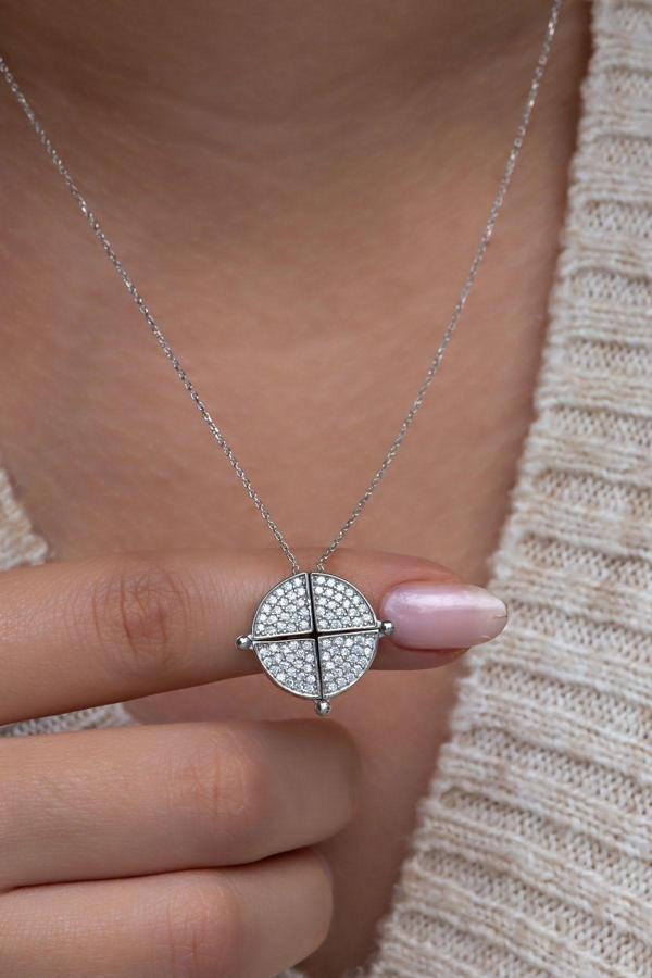 925 Ayar Gümüş Mıknatıslı Ayrılabilir Rodyumlu Daire Kolye - Image 1