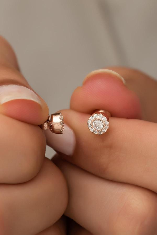 925 Ayar Gümüş Minik Rose Zirkon Tektaş Küpe - Image 1