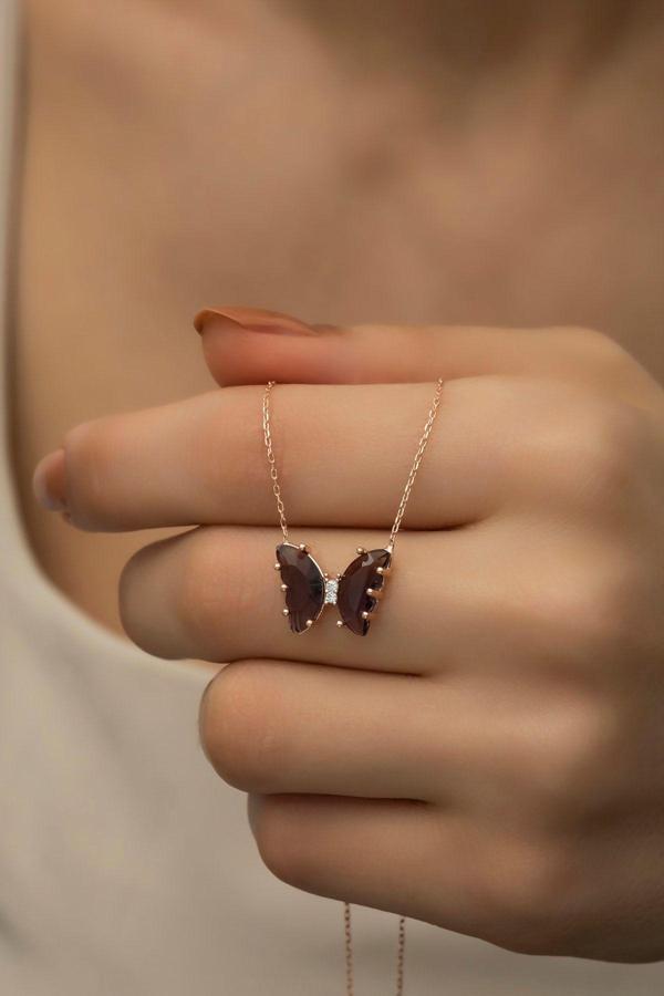 925 Ayar Gümüş Mor Zirkon Taşlı Kelebek Kolye - Image 1