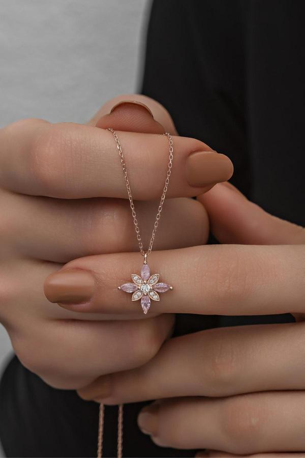 925 Ayar Gümüş Pembe Taşlı Çiçek Kolye - Image 1