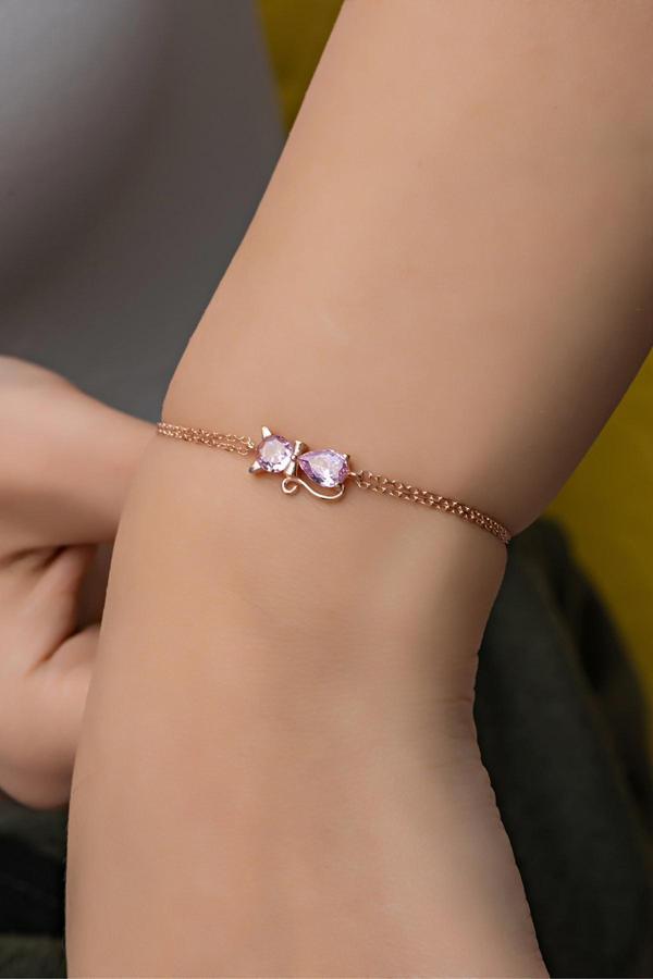 925 Ayar Gümüş Pembe Taşlı Kedi Bileklik - Image 1