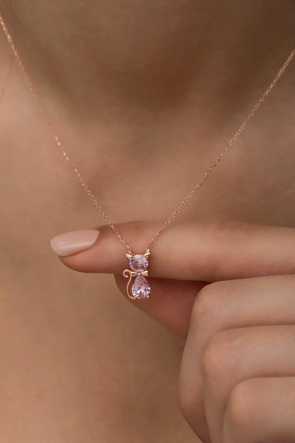 925 Ayar Gümüş Pembe Taşlı Kedi Kolye - Image 1
