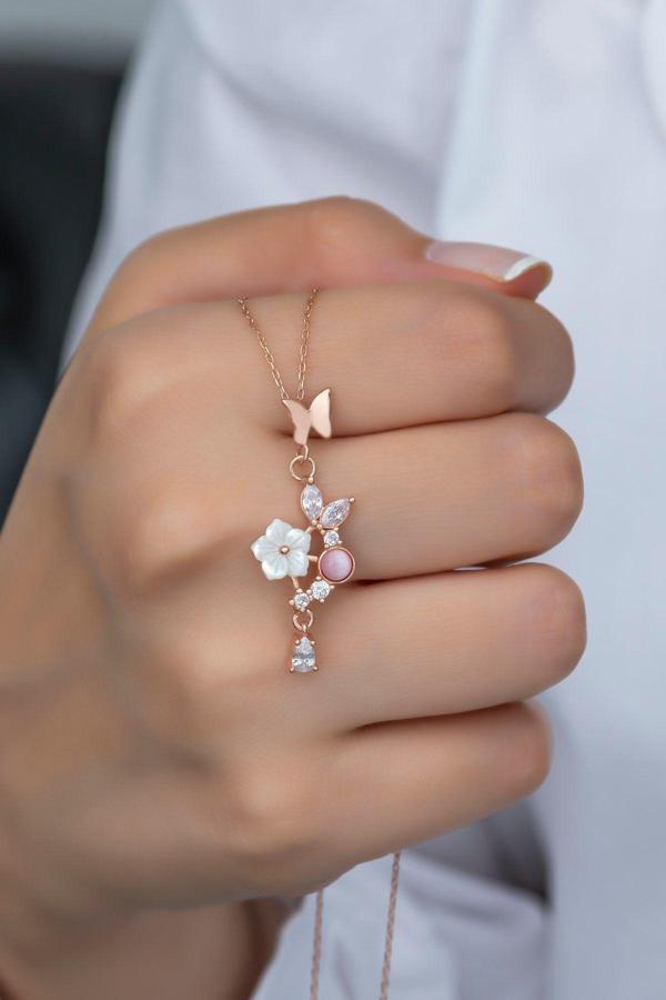 925 Ayar Gümüş Pembe Taşlı Kelebek Manolya Çiçeği Kolye - Image 1