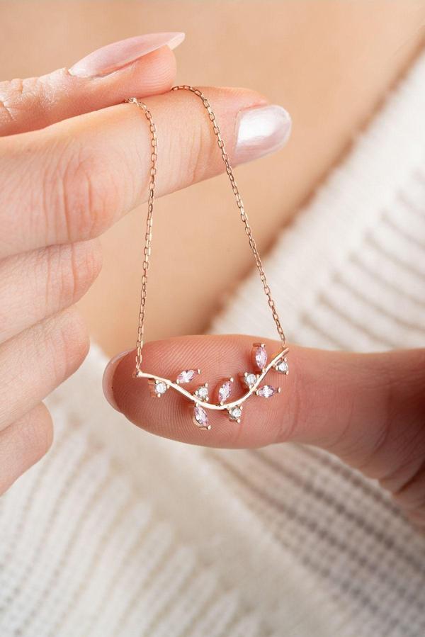 925 Ayar Gümüş Pembe Taşlı Zeytin Dalı Model Kolye - Image 1