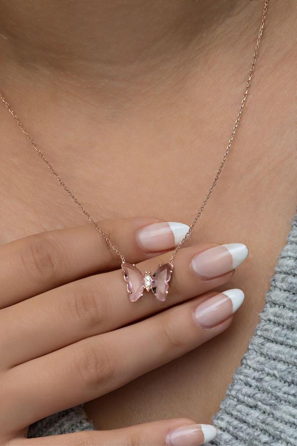 925 Ayar Gümüş Pembe Zirkon Taşlı Kelebek Kolye - Image 1