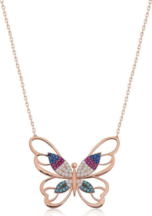 925 Ayar Gümüş Renkli Taşlı Rose Kaplama Kelebek Kolye - Image 1