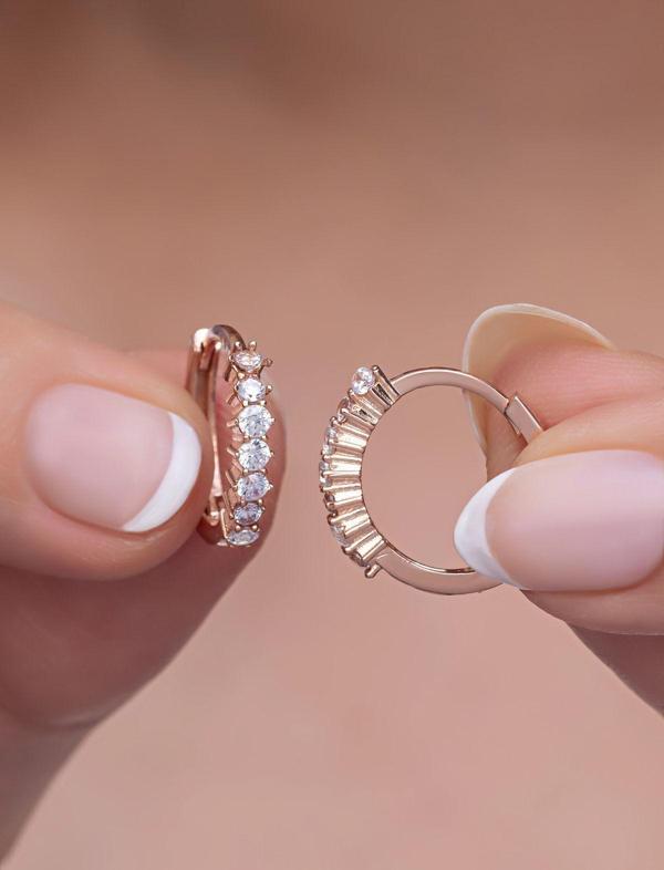 925 Ayar Gümüş Rose 15 Mm Zirkon Taşlı Halka Küpe - Image 1
