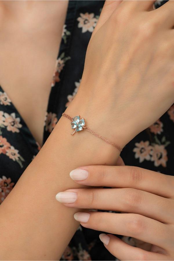 925 Ayar Gümüş Rose Aquamarin Taşlı Yonca  Kadın Gümüş Bileklik - Image 1