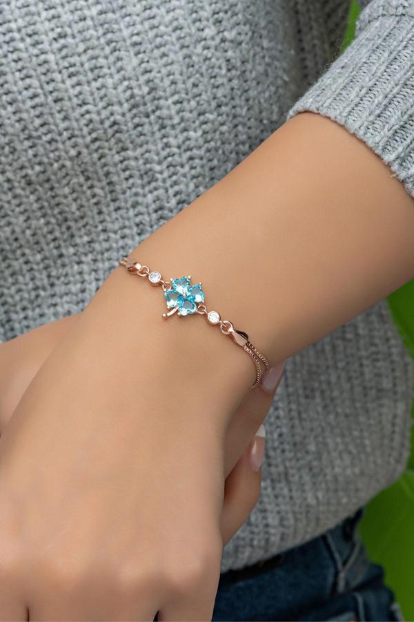 925 Ayar Gümüş Rose Aquamarin Taşlı Yonca Model Bileklik - Image 1