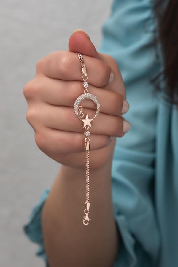 925 Ayar Gümüş Rose Ayyıldız Sonsuzluk Bileklik - Image 1