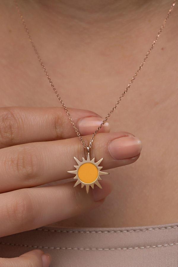 925 Ayar Gümüş Rose Kaplama Mineli Güneş Model Kolye - Image 1
