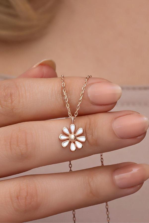 925 Ayar Gümüş Rose Kaplama Minimal Mineli Papatya Kolye - Image 1