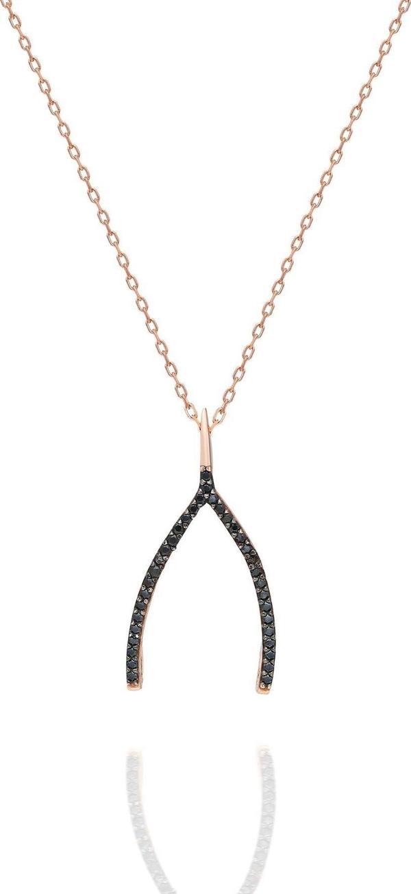 925 Ayar Gümüş Rose Kaplama Siyah Taşlı Lades Kolye - Image 1