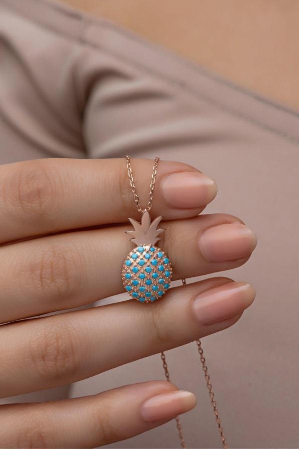 925 Ayar Gümüş Rose Kaplama Turkuaz Taşlı Ananas Kolye - Image 1