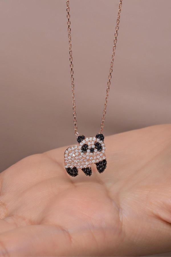 925 Ayar Gümüş Rose Kaplama Zirkon Taşlı Panda Kolye - Image 1
