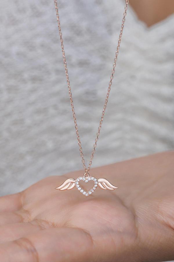 925 Ayar Gümüş Rose Minik Uçuşan Kalp Kolye - Image 1
