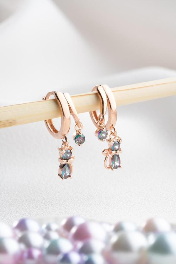 925 Ayar Gümüş Rose Mistik Topaz Taşlı 12 mm Kedi Küpe - Image 1