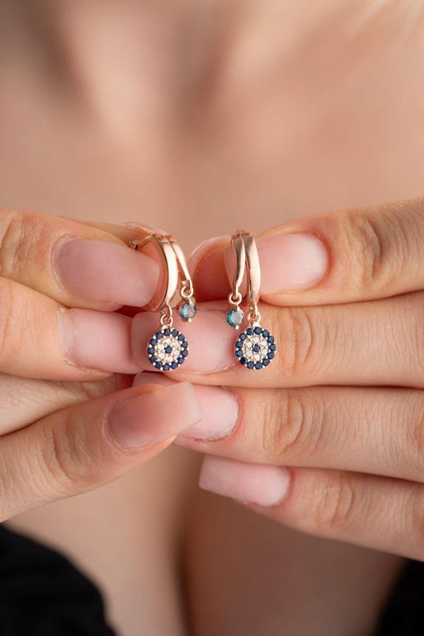 925 Ayar Gümüş Rose Mistik Topaz Taşlı 12 mm Nazar Küpe - Image 1