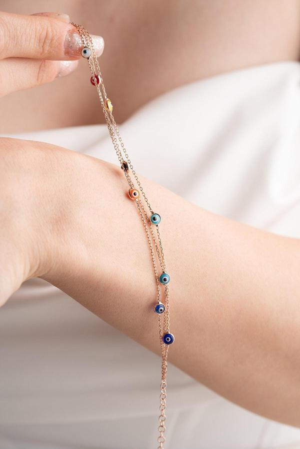 925 Ayar Gümüş Rose Mix Renkli 3 Sıra Zincirli Nazar Göz Bileklik - Image 1