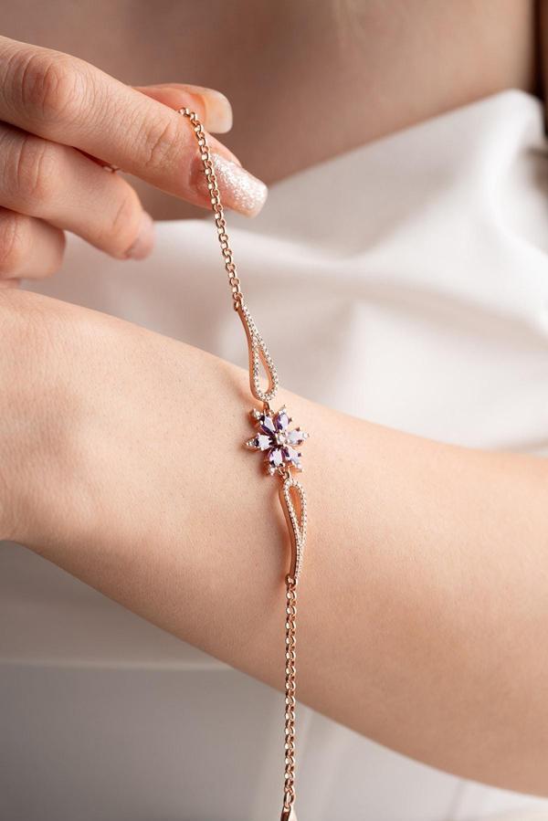 925 Ayar Gümüş Rose Mor Zirkon Taşlı Çiçek Kelepçe Model Bileklik - Image 1