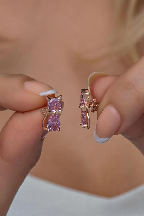 925 Ayar Gümüş Rose Pembe Taşlı Kedi Küpe - Image 1