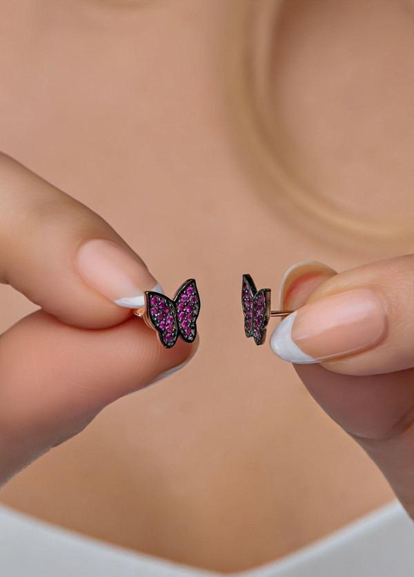 925 Ayar Gümüş Rose Pembe Taşlı Kelebek Küpe - Image 1