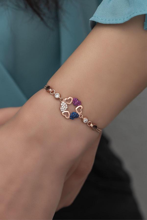 925 Ayar Gümüş Rose Renkli Kalpli Daire Model Bileklik - Image 1