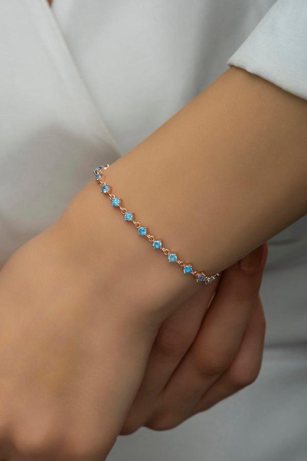 925 Ayar Gümüş Rose Sıralı 3 mm Aquamarin Taşlı Bileklik - Image 1