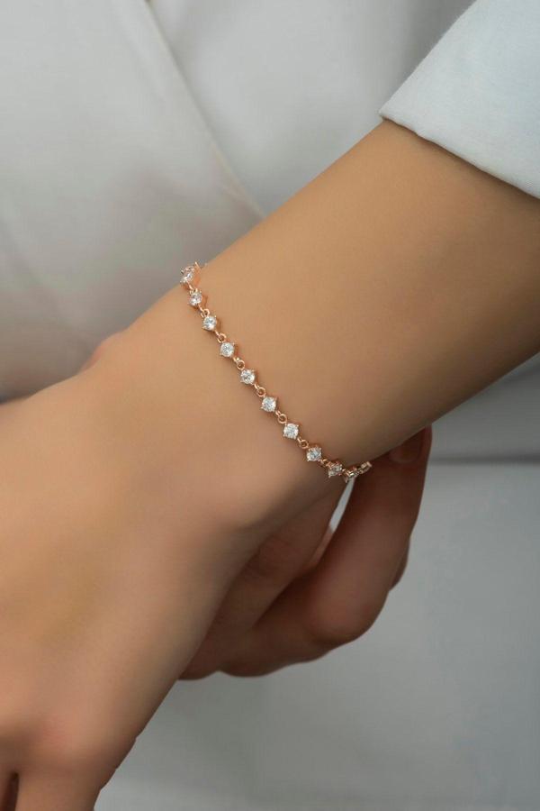 925 Ayar Gümüş Rose Sıralı 3 mm Beyaz Taşlı Bileklik - Image 1
