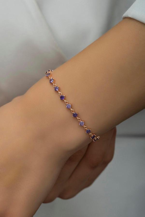 925 Ayar Gümüş Rose Sıralı 3 mm Mor Taşlı Bileklik - Image 1