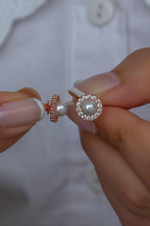925 Ayar Gümüş Rose Tektaş İnci Küpe - Image 1