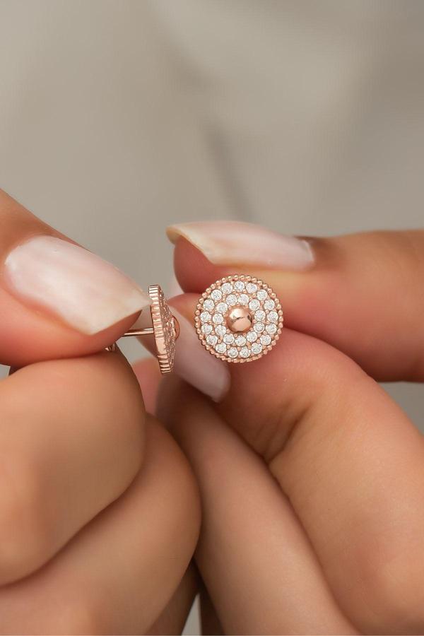 925 Ayar Gümüş Rose Zirkon Taşlı Yuvarlak Küpe - Image 1
