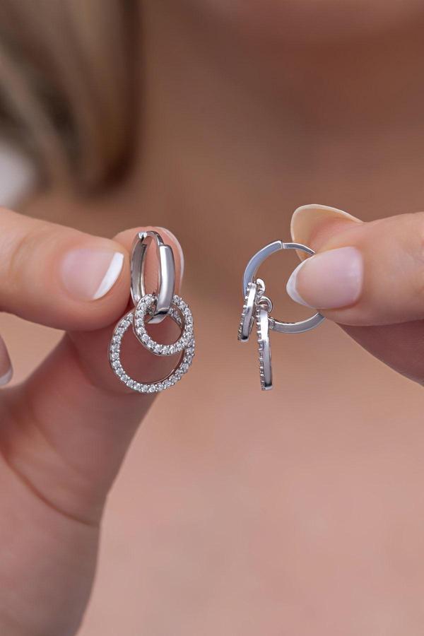 925 Ayar Gümüş Sallantılı 12 mm Tamtur Çift Halka Küpe - Image 1