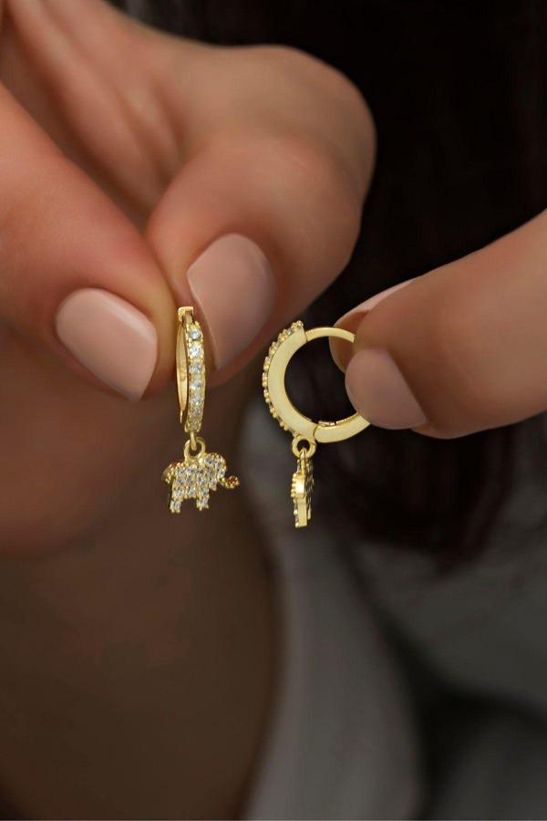 925 Ayar Gümüş Sallantılı Gold Fil Küpe - Image 1