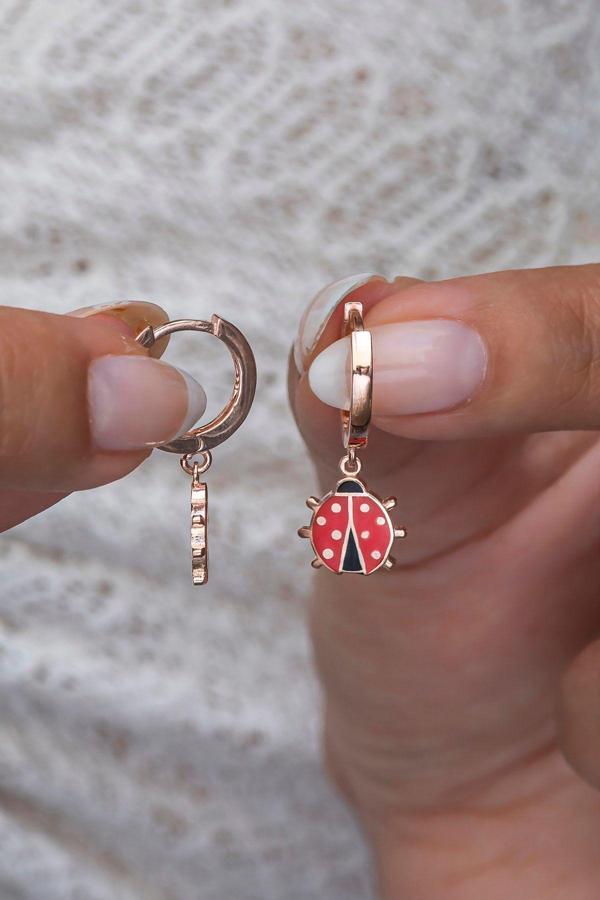 925 Ayar Gümüş Sallantılı Rose Mineli Uğur Böceği Küpe - Image 1