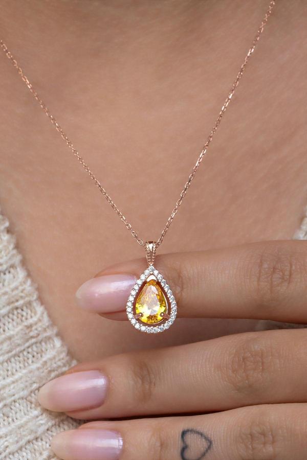 925 Ayar Gümüş Sarı Taşlı Damla Taşlı Tasarım Kolye - Image 1