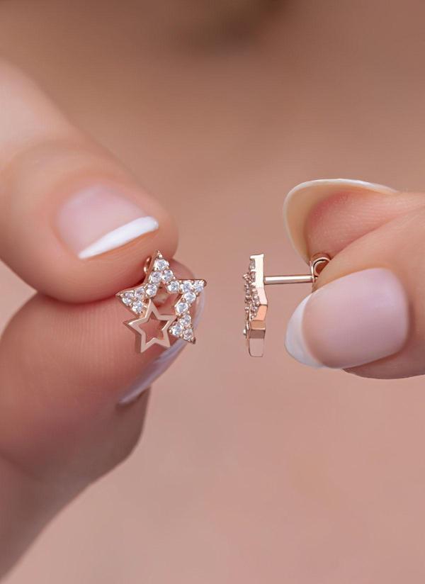 925 Ayar Gümüş Zirkon Taşlı Çift Yıldız Model Küpe - Image 1