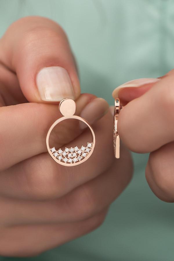 925 Ayar Gümüş Zirkon Taşlı Yuvarlak Model Küpe - Image 1