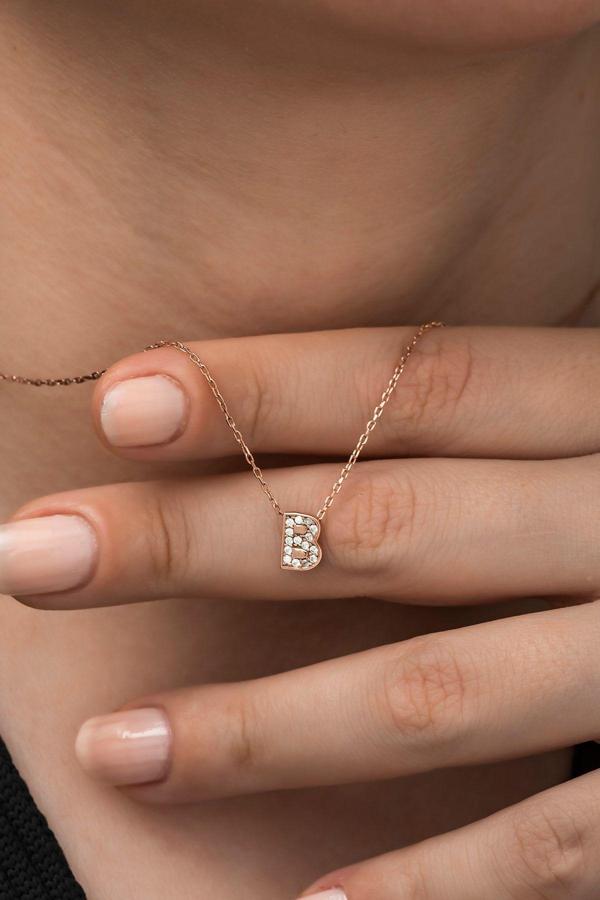 925 Ayar Harf Kolye 3 Boyutlu B Harfi Kadın Gümüş Kolye - Image 1