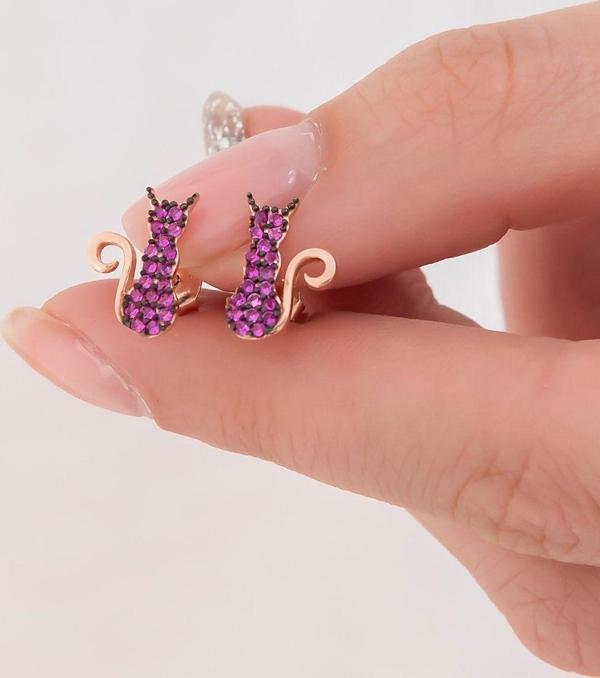 925 Ayar Minik Pembe Kedi Küpe Kadın Gümüş Küpe - Image 1