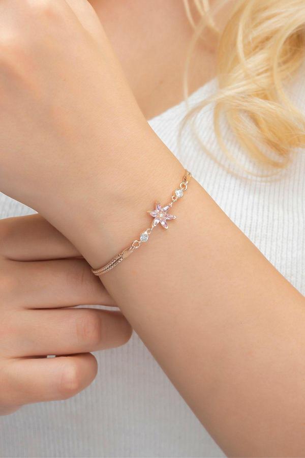 925 Ayar Pembe Taşlı Lotus Çiçeği Gümüş Bileklik - Image 1