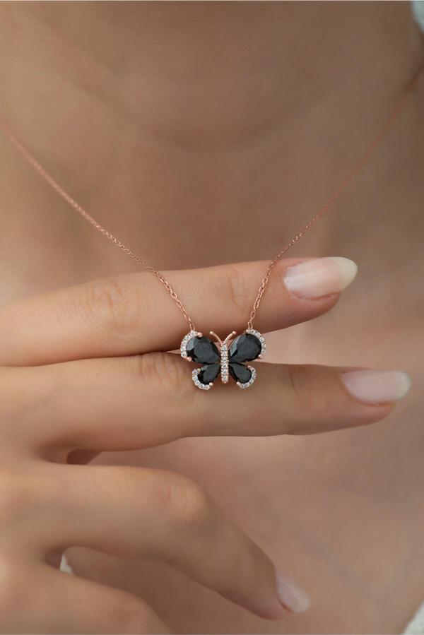 925 Ayar Siyah Taşlı Kelebek Kolye Kadın Gümüş Kolye - Image 1