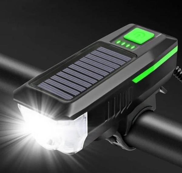 Forte Gt Solar Enerjili Usb Şarjlı Led Far Kornalı Ve Su Geçirmez Bisiklet Feneri Yeşil - Image 1